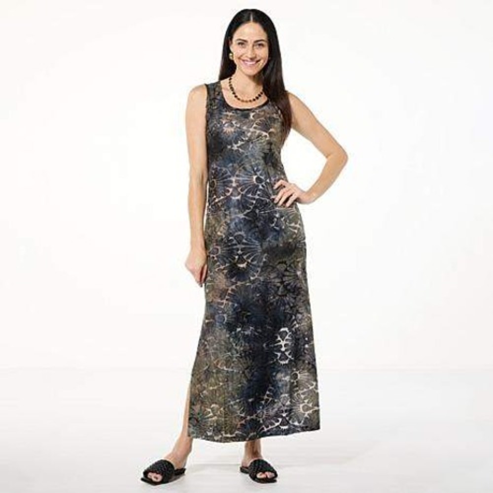 Nina Leonard Burnout knit black & gray multicolor tie-dye maxi dress Plus 1XL
